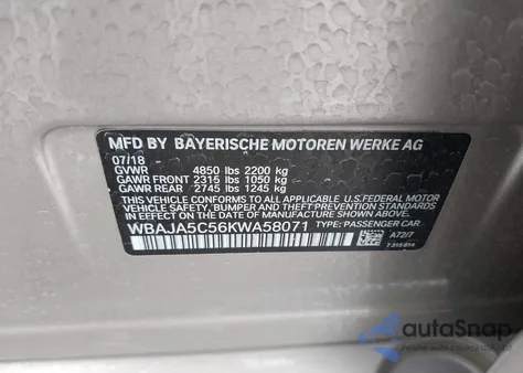 2019 BMW 530I from USA, damaged, VIN WBAJA5C56KWA58071